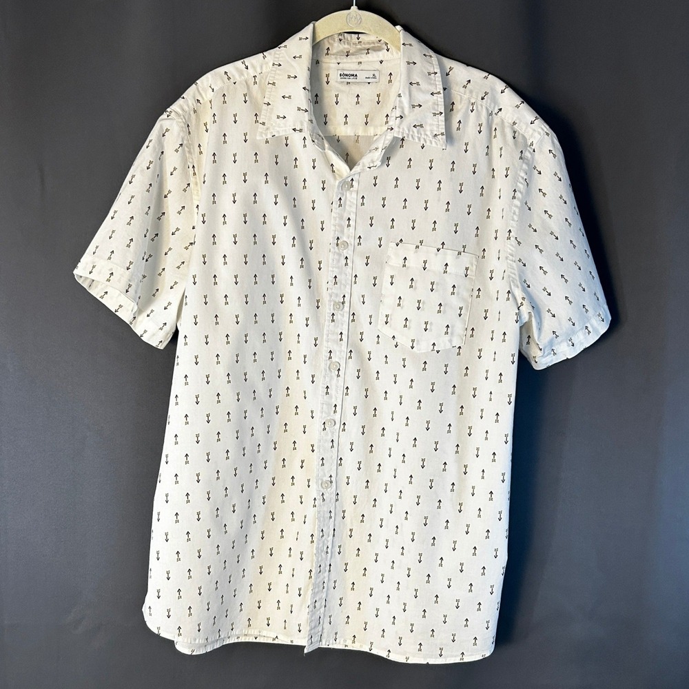 Sonoma Button Down Shirt Men XL White Arrow Print Short Sleeve Excellent Casual